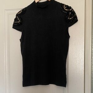 Boston Proper Black Top with Embellished Shoulders